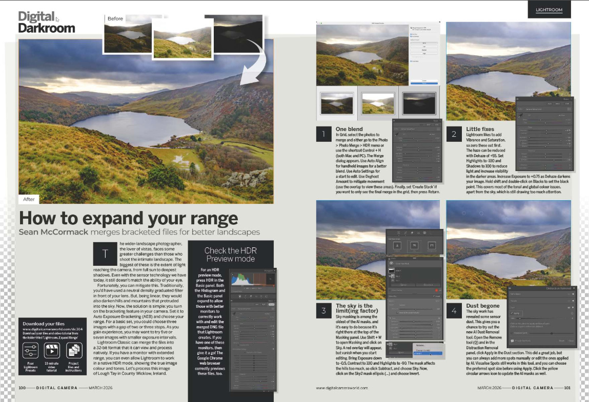 Image showing the Fundamentals tutorial in issue 304 (March 2026) of Digital Camera magazine, about merging bracketed photos to create better landscapes