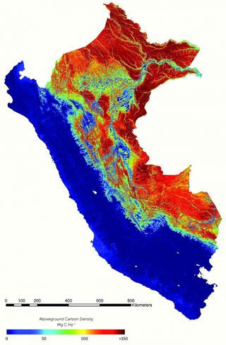 A map of the the carbon density of Peru. Red signifies the most carbon-dense areas, and blue the least.