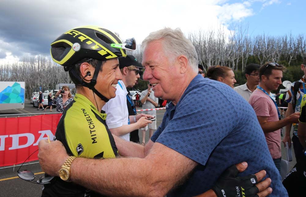 Esteban Chaves (Mitchelton-Scott) is greeted by Gerry Ryan at the finish