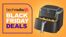 Ninja air fryer on orange background with text reading "TechRadar Black Friday Deals"