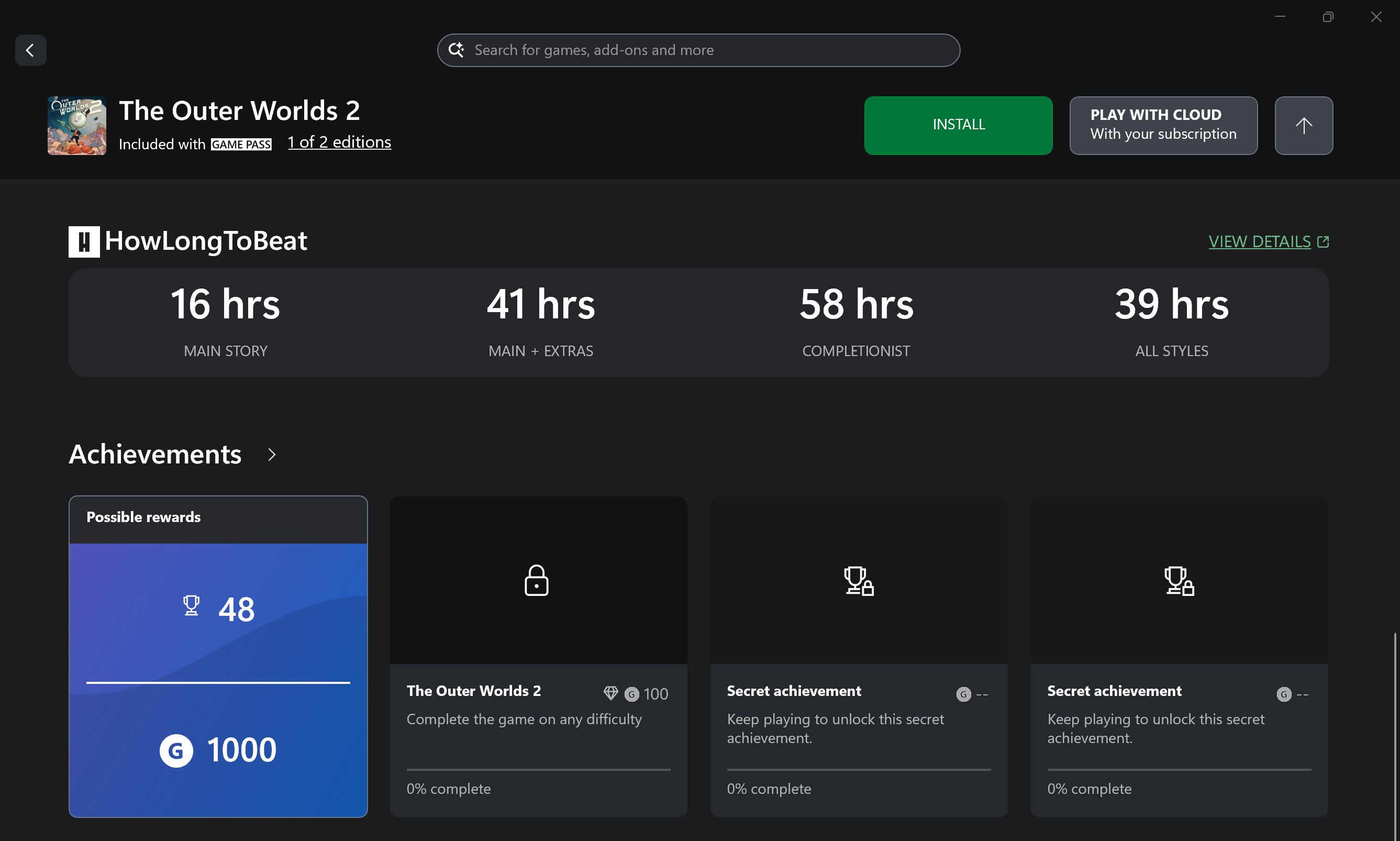 An example screenshot of the HowLongToBeat integration within the Xbox PC App for The Outer Worlds 2.
