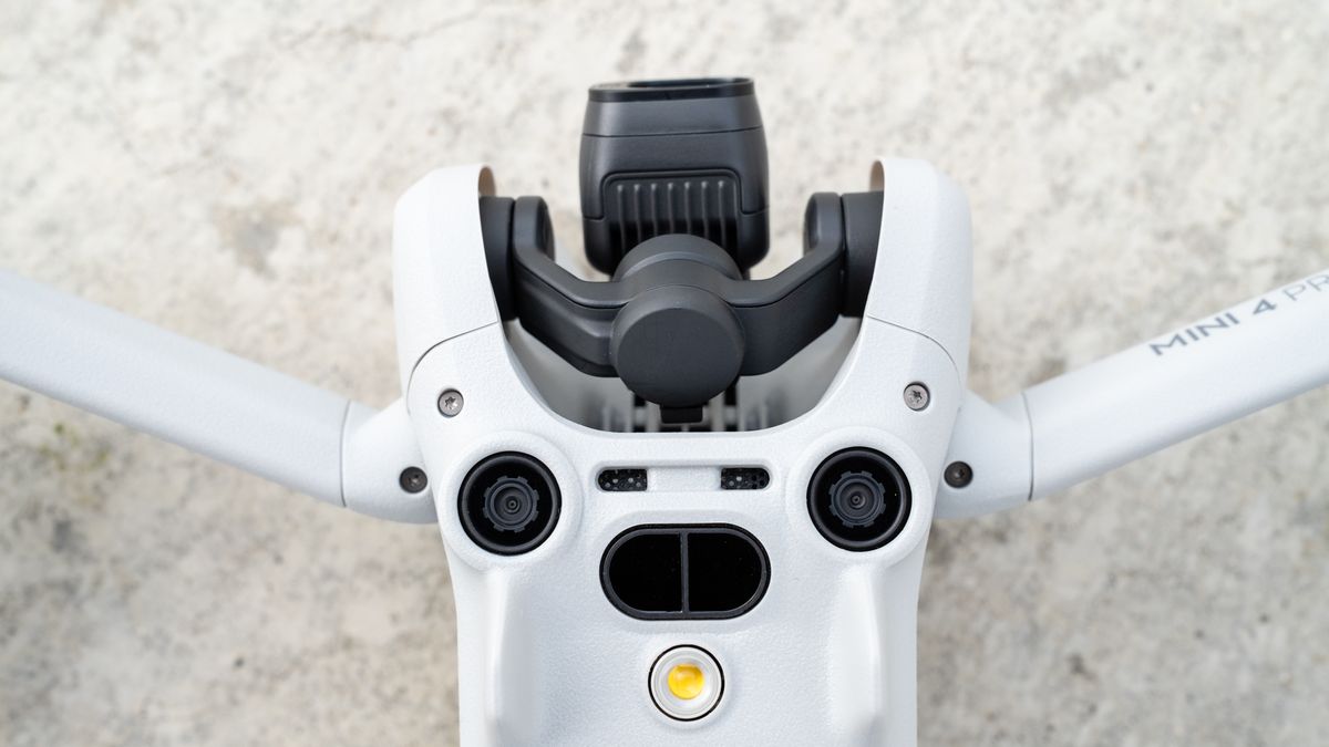 DJI Mini 4 Pro close up of gimbal and bottom sensors