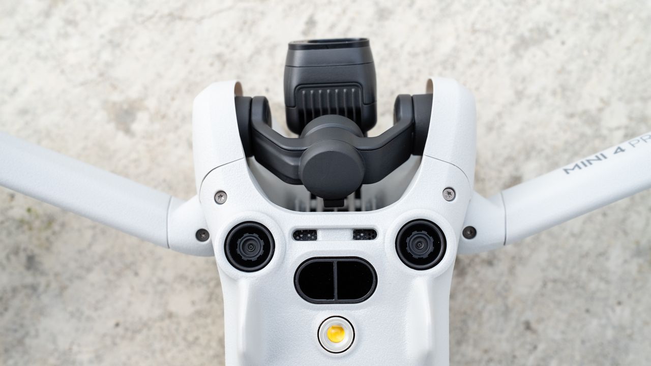 DJI Mini 4 Pro close up of gimbal and bottom sensors