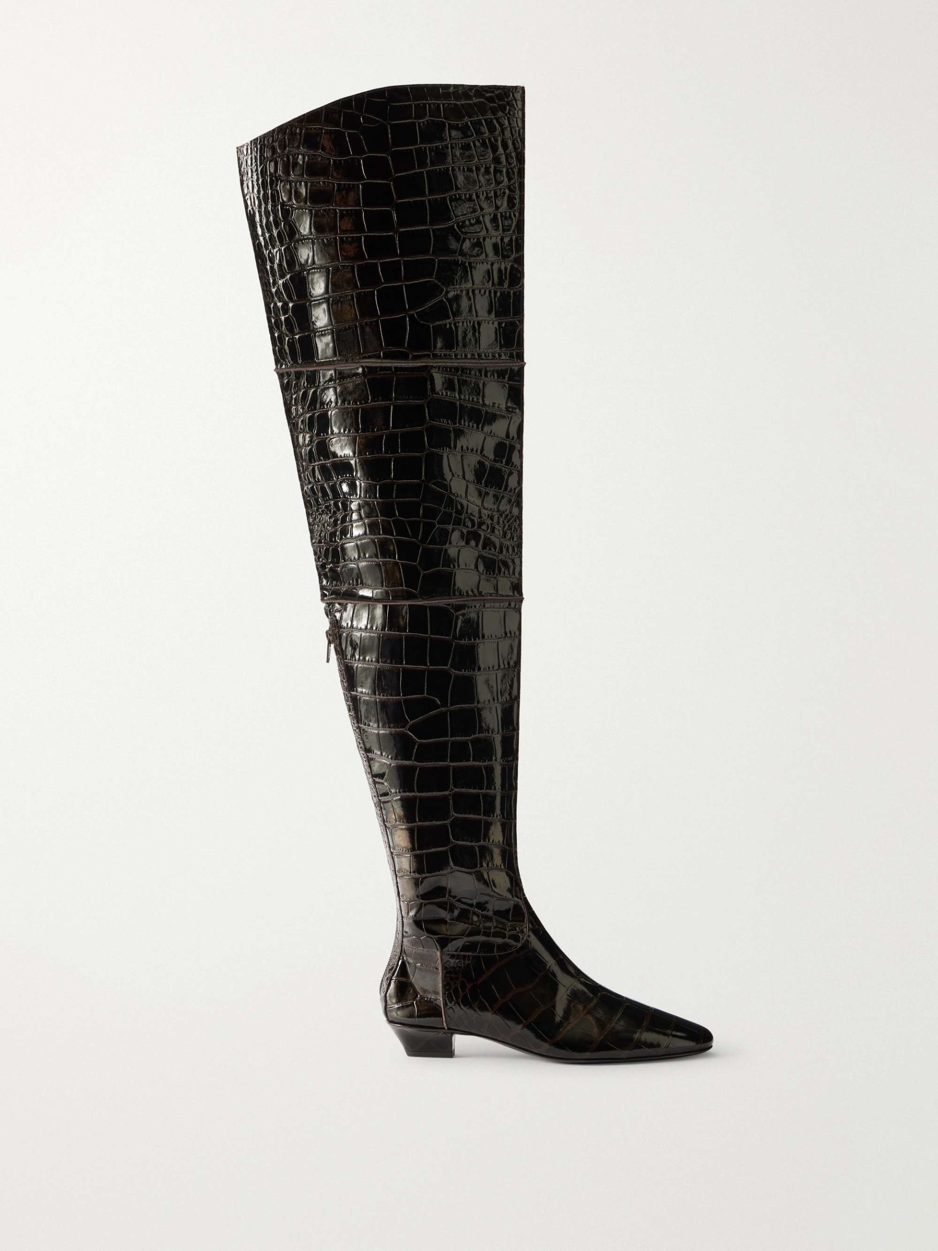 Paneled Croc-Effect Leather Over-The-Knee Boots