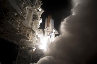 Space shuttle Discovery lifting off to begin the STS-131 mission. The seven member crew will deliver multi-purpose logistics