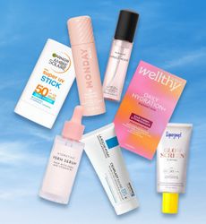 Boots image of beauty items for summer on sky background