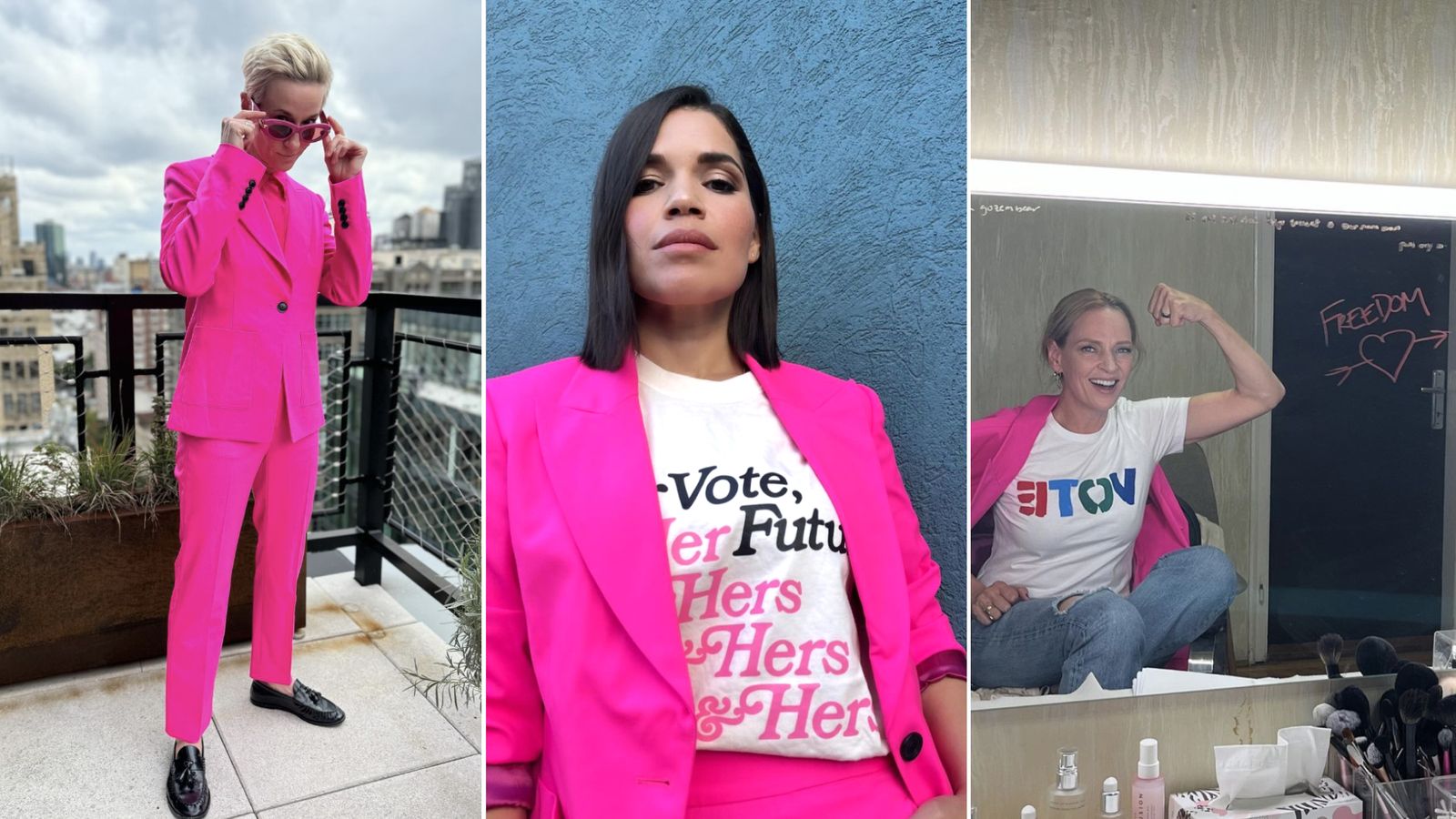 Why Celebrities Are Wearing Pink Argent Suits to the Polls Marie Claire