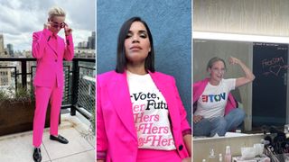 Megan Rapinoe, America Ferrera, and Uma Thurman wear blazers and pants from Argent's when we all vote campaign