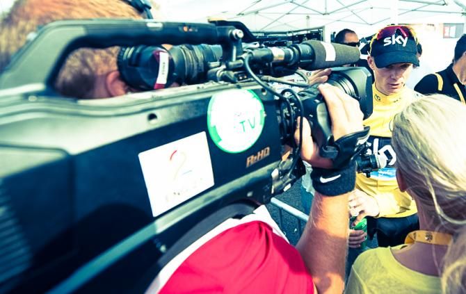 Chris Froome (Sky) speaks to the press after winning stage 15 on Mont Ventoux