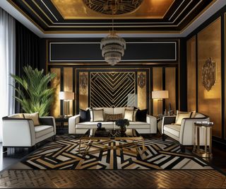 Art Deco living room with geometric wallpaper and rug in black and gold