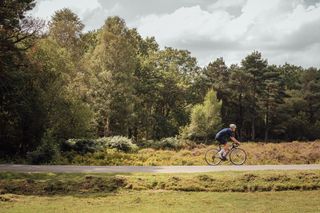 Male cyclist riding on a country lane on a sunny day