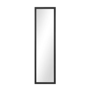 A tall glass rectangular mirror with a black frame around the outside