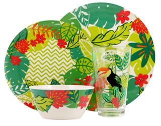George crockery set includes 2 plates, a bowl and a glass with tropical pattern.