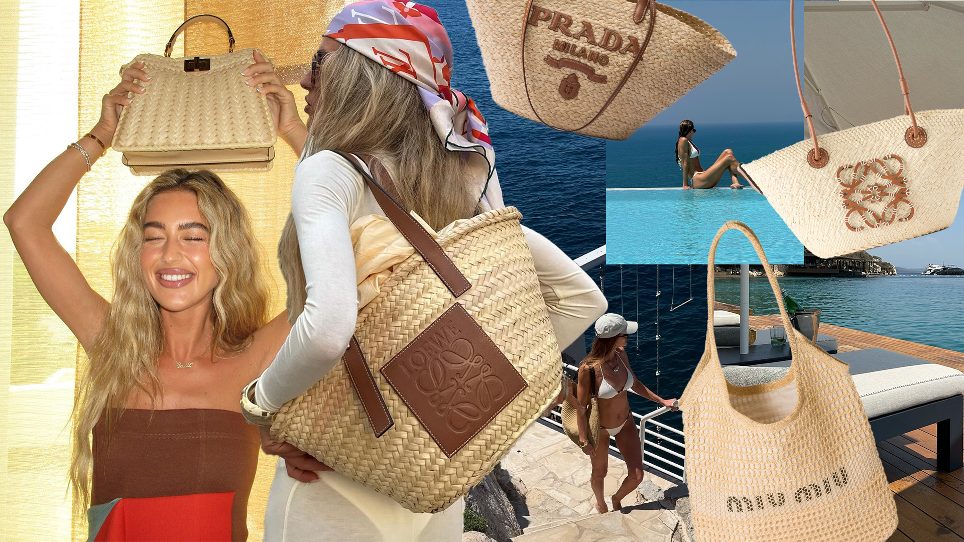Photo collage of influencers and models wearing designer luxury raffia bags.