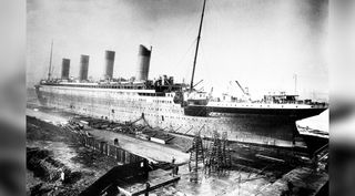 The Titanic under construction in the Harland and Wolf Shipyard