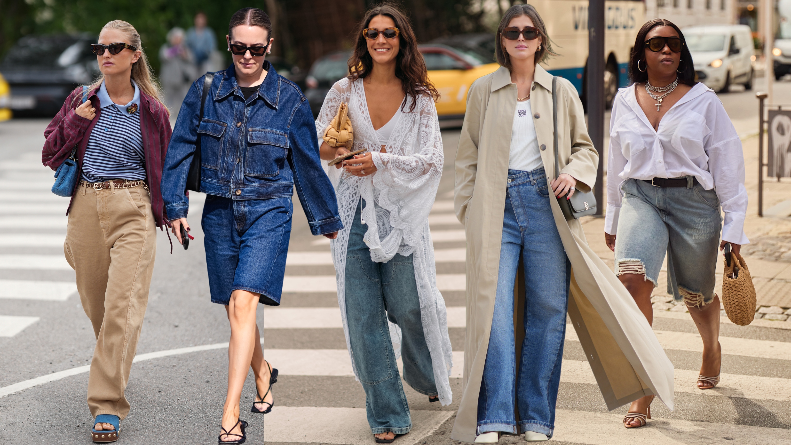 collage of women wearing denim trends
