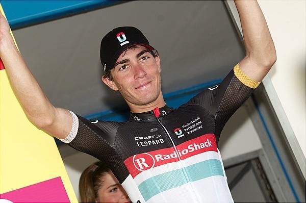 Giacomo Nizzolo (RadioShack-Nissan) on stage to receive the final leader's jersey at the Tour de Wallonie.
