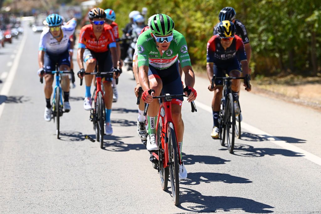 SIERRA DE LA PANDERA SPAIN SEPTEMBER 03 Mads Pedersen of Denmark and Team Trek Segafredo Green Points Jersey competes in the breakaway during the 77th Tour of Spain 2022 Stage 14 a 1603km stage from Montoro to Sierra de La Pandera 1815m LaVuelta22 WorldTour on September 03 2022 in Sierra de La Pandera Spain Photo by Tim de WaeleGetty Images