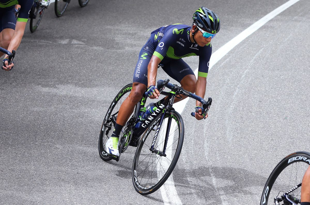 Nairo Quintana (Movistar) takes a corner during the Giro
