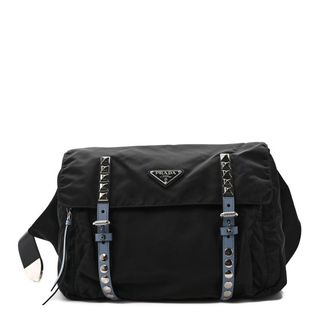 Prada Nylon New Vela Studded Messenger Bag Black