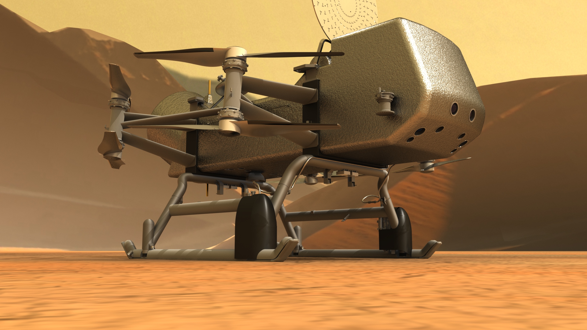 a small helicopter on the surface of a yellowish, dusty moon