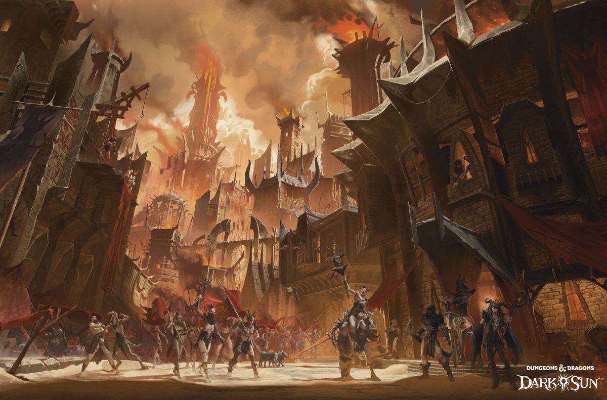 Barbarian warriors move through the streets of an oppressive stone city belching out fire