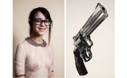 Left: Richard Kern, Chaima dbl, 2013 & Right: Robert Longo, Untitled (Smith Wesson), 2013