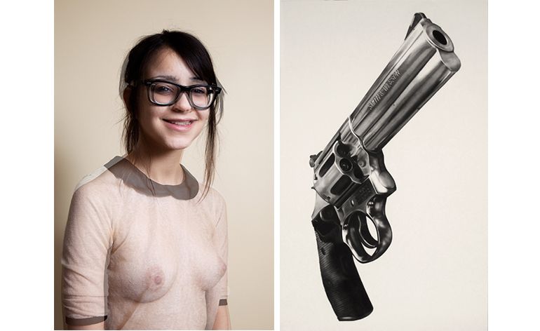 Left: Richard Kern, Chaima dbl, 2013 &amp; Right: Robert Longo, Untitled (Smith Wesson), 2013