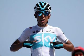 Team Sky's Egan Bernal points to his sponsor's logo after winning stage 2 of the 2018 Tour of California