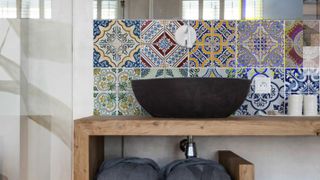 bathroom wallpaper used as splashback