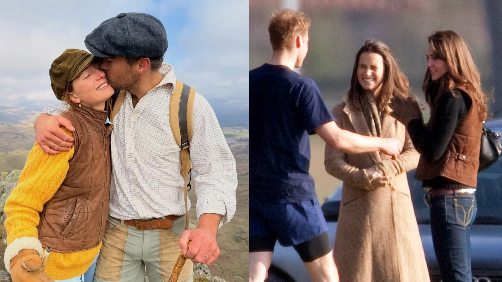 Alizee Thevenet and James Middleton hugging and kissing; Prince William talking to Pippa and Kate Middleton