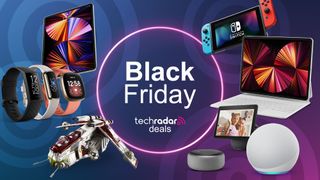 A selection of tech products on a purple and blue background. In the centre is a logo reading 'Black Friday TechRadar deals'