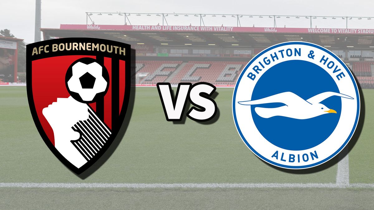 The AFC Bournemouth and Brighton &amp; Hove Albion club badges on top of a photo of the Vitality Stadium in Bournemouth, England