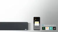 the LG SK8 Soundbar next to a smartphone