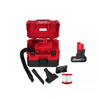 Milwaukee M12 FUEL Wet/Dry Vacuum with crevice tool, HEPA filter, battery and cleaning tools against white background