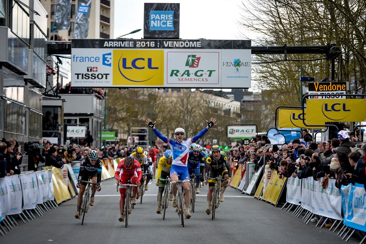 Arnaud D&eacute;mare (FDJ) celebrating his stage win