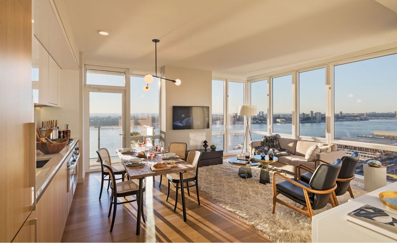 kitchen, dining &amp; lounge interior of an apartment in The Sky residential development in New York 