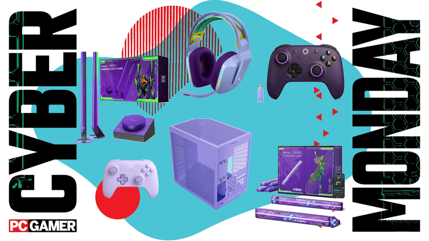 Various bits of hardware in different shades of purple float in the funky Cyber Monday deal void.