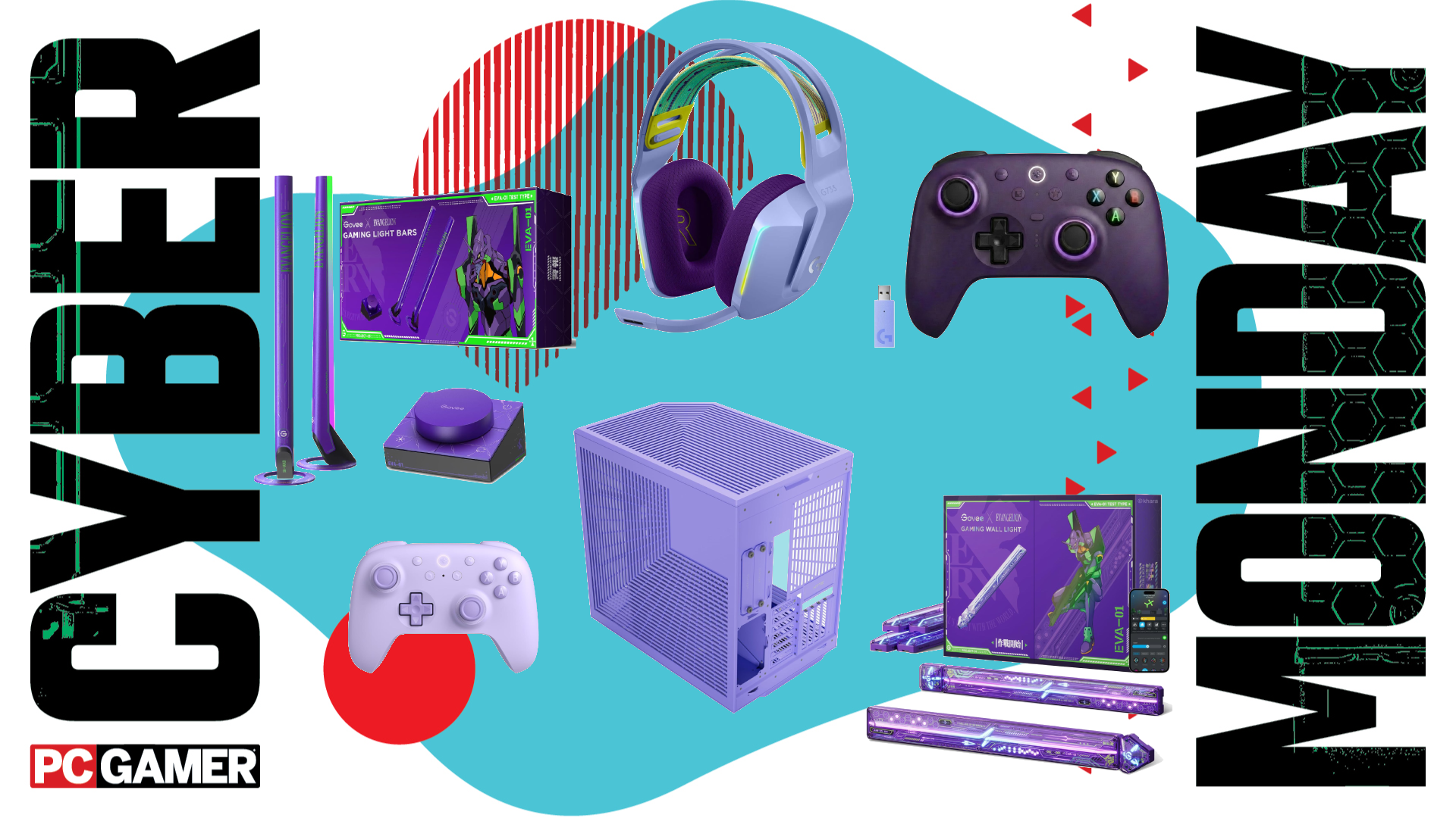 Various bits of hardware in different shades of purple float in the funky Cyber Monday deal void.