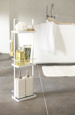 Slimline freestanding bathroom storage on a tile bathroom floor