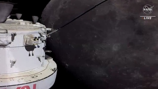 nasa spacecraft in front with moon in behind. nasa logo in corner with the word 'live'