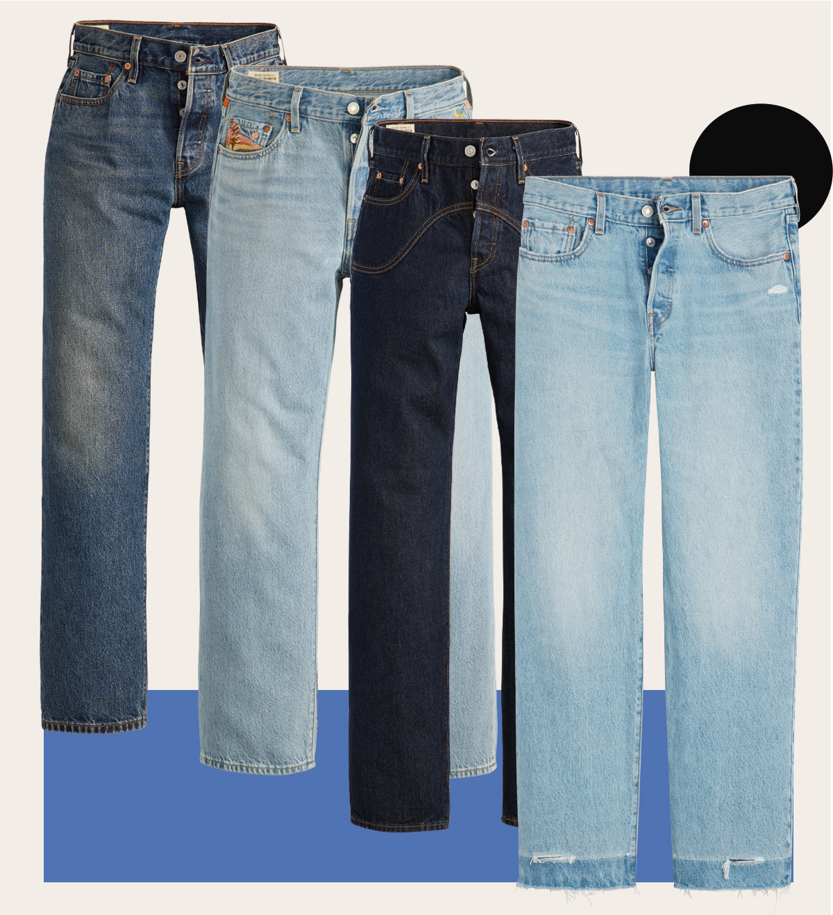 A selection of Levi's 501 jeans showcasing light to dark washes