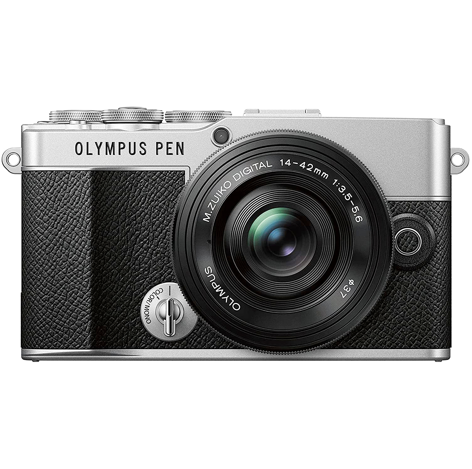 An Olympus PEN E-P7 camera on a white background