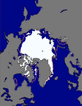 Arctic sea ice extent as of July 19, 2011. The orange line represents the median extent from 1979-2000.