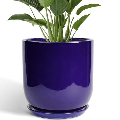 Sunpotfor Ceramic Planter - 12 Inch Pots for Plants Ceramic Plant Pot Indoor With Drainage Hole and Saucer Large Planter Flower Pot Outdoor for Home Garden Decor Blue