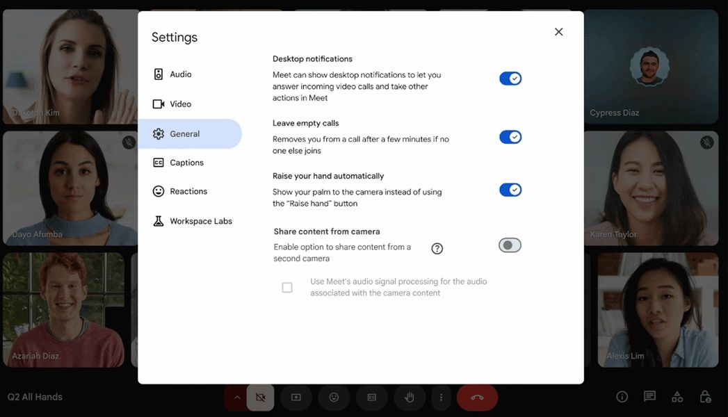 Google Meet's latest update brings a "share content from camera" option for external camera use.