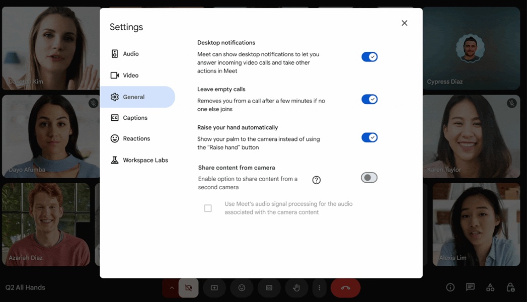 Google Meet's latest update brings a "share content from camera" option for external camera use.