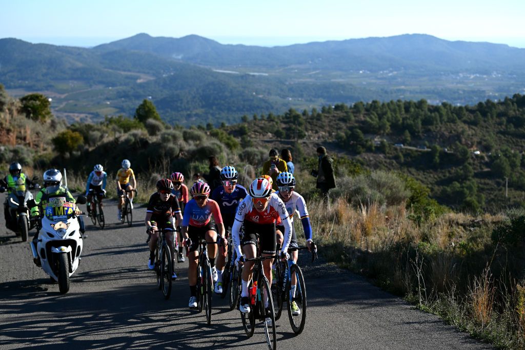 VALENCIA SPAIN FEBRUARY 05 Clara Koppenburg of Germany and Cofidis Women Team Erica Magnaldi of Italy and UAE Development Team Floortje Mackaij of The Netherlands and Liane Lippert of Germany and Movistar Team compete in the breakaway during the 5th VCV Fminas GP 2023 a 93km one day race from Paterna to Valencia on February 05 2023 in Valencia Spain Photo by Dario BelingheriGetty Images