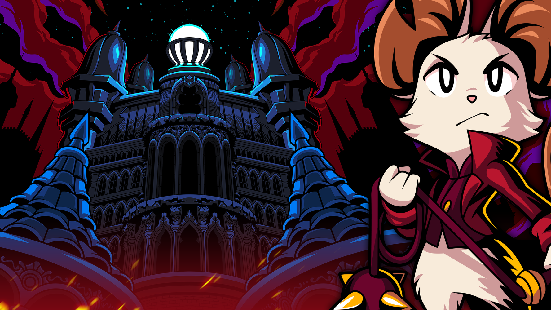 Artwork from Mina the Hollower showing Mina beside a towering gothic fortress under a dark sky with glowing red and purple clouds.