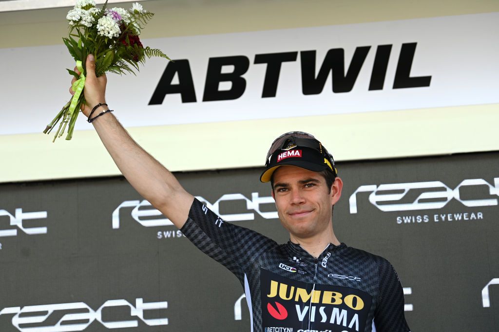 ABTWILL SWITZERLAND JUNE 18 Wout Van Aert of Belgium and Team JumboVisma Black Points Jersey celebrates at podium during the 86th Tour de Suisse 2023 Stage 8 a 257km individual time trial from St Gallen to Abtwil UCIWT on June 18 2023 in Abtwil Switzerland Photo by Tim de WaeleGetty Images